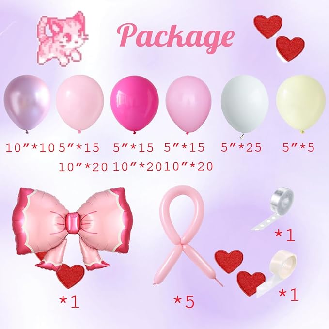 Kawaii Carton Cat Balloon Garland Arch Kit, 152Pcs Pastel Pink and Hot Pink Metallic Purple Balloons with Bow Foil Balloon for Baby Shower Supplies Girl Birthday Cat Theme Princess Party Decorations