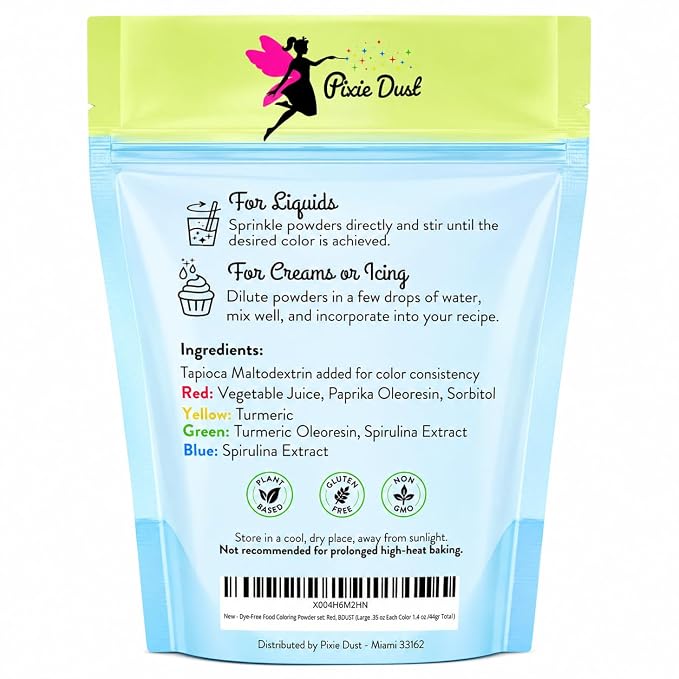 Dye-Free Food Coloring Powder set - Red, Blue, Green and Yellow. | Perfect for cake decorating, cookie frosting, icing & drinks | Plant-Based, All-Natural, Kosher, Flavorless | No Carmine, No Annatto, No Propylene Glycol | By PIXIE DUST | Large .35 oz ...