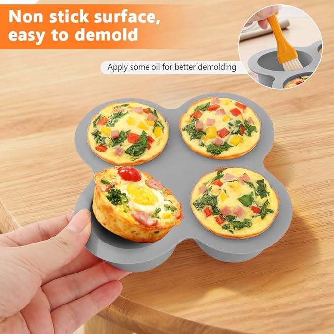 2 Pack Air Fryer Egg Bite Molds, 4 Cups Round Muffin Pans, Silicone Egg Bite Molds with Spreader＆Oil Brush Nonstick Air Fryer Baking Pan for Cupcake, Muffin, Tart, Frittata, Quiche