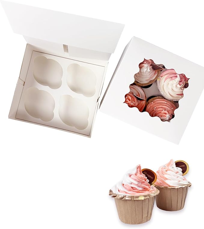 Bakepacker Auto-pop up 4 Cupcake Boxes with Window 20 Count White Box 6.3 x 6.3 x 3inch Cupcake Carrier