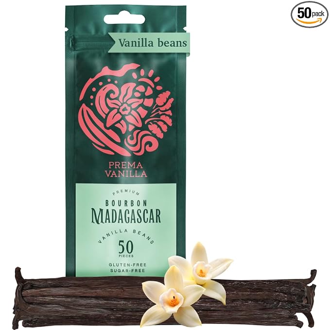 PREMA VANILLA 50pcs Pure Madagascar Vanilla Beans Grade A, Bourbon Pods for Making Homemade Vanilla Extract Premium Fresh Whole Vanilla Bean Best for Baking, Cooking & Desserts, Gluten-Free Rich Aroma