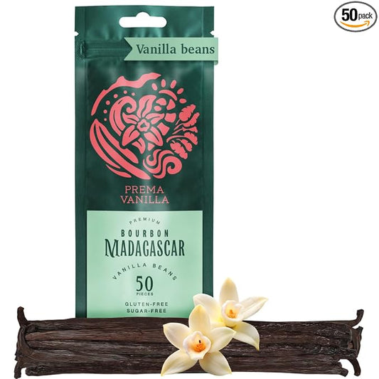 PREMA VANILLA 50pcs Pure Madagascar Vanilla Beans Grade A, Bourbon Pods for Making Homemade Vanilla Extract Premium Fresh Whole Vanilla Bean Best for Baking, Cooking & Desserts, Gluten-Free Rich Aroma