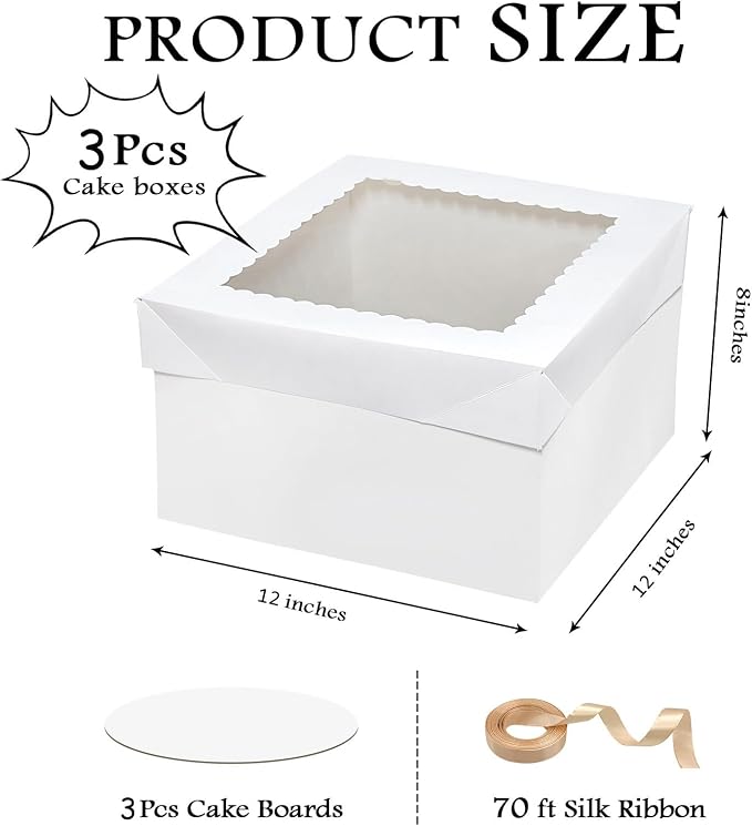 6PCS 12x12x8 Inches Cake Boxes with Boards—（3 Boxes with window & 3 Borads & 70ft Silk Ribbon） Large Square Baking Boxes for Christmas,Birthday Party, Wedding, Valentine's Day
