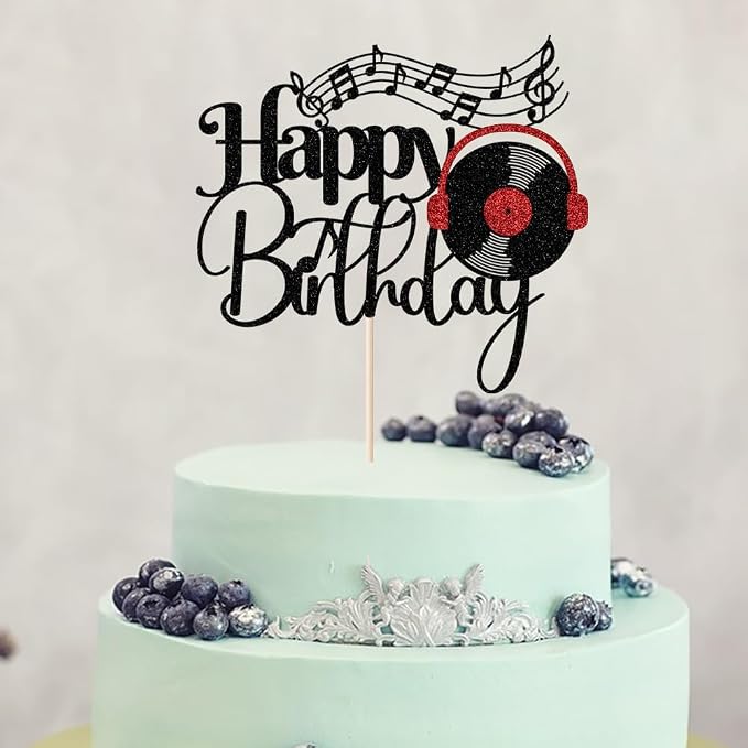 Black Glitter Record Happy Birthday Cake Topper，Music Lover Theme Birthday Party Supplies，Vinyl Retro Rock/CD Hip Hop Dancing Ball Party Decoration Supplies (music)