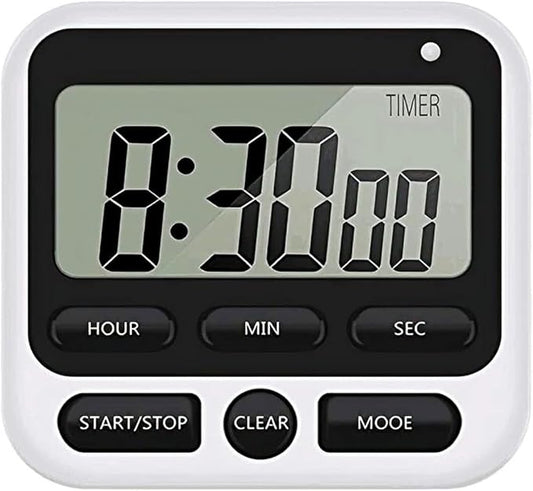 Digital Kitchen Timer with Mute/Loud Alarm Switch ON/Off Switch, 12 Hour Clock & Alarm, Strong Magnet and Simple Operation, Count Up & Count Down for Kids Teachers Cooking, Large LCD Display (Black)