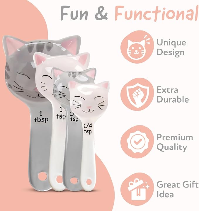 Cat Shaped Ceramic Measuring Spoons - Gift for Any Cat Lover - Cat Ceramic Measuring Spoons Baking Tool - Creative Functional Kitchen Decor - Comes in White and Gray - Set of 4
