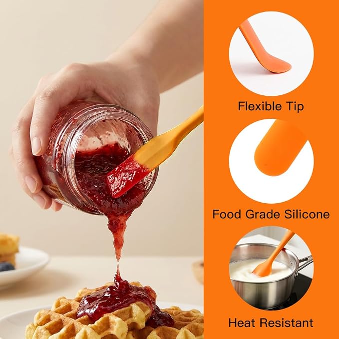 4 Pcs Silicone Jar Spatula, Long Handle Skinny Spatula Scraper for Jars & Bottles, Heat Resistant Small Spatulas Set for Kitchen Baking Sourdough Cake Makeup Essentials, Green+Red+Orange+Blue