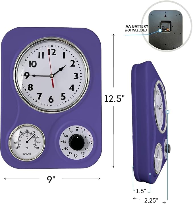 Lily's Home - 9 Inch x 12.5 Inch - Retro Kitchen Wall Clock, Vintage Wall Clock with a Thermometer and 60-Minute Timer, Ideal for Any Kitchen, Office, or Diner (Purple)