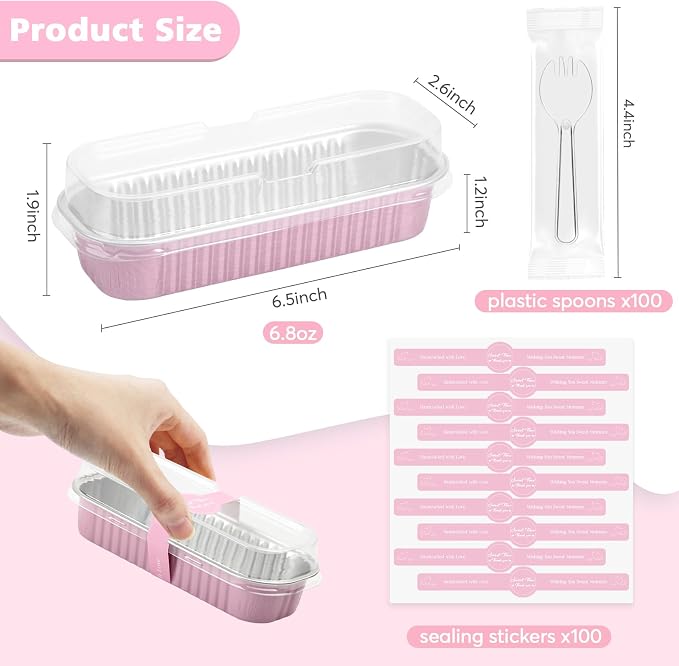 Ruckae 100 Pack Mini Loaf Cake Pan with Lids and Spoons Disposable Aluminum Tin Foil Pans Rectangle Mini Loaf Pans with Lids for Baking,Party,Picnics,Holidays (Pink)