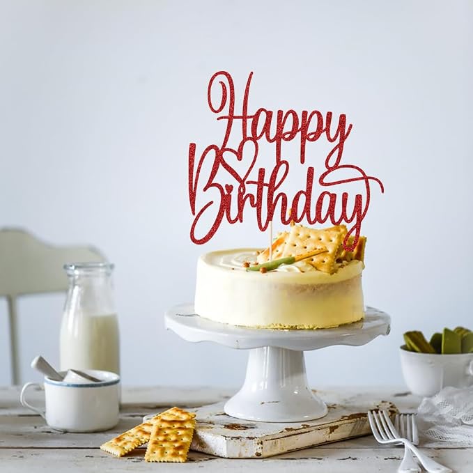 Handmade Glitter Happy Birthday Cake Topper- Fabulous Cake Decoration，Anniversary/Birthday Party Decoration Supplies (red)