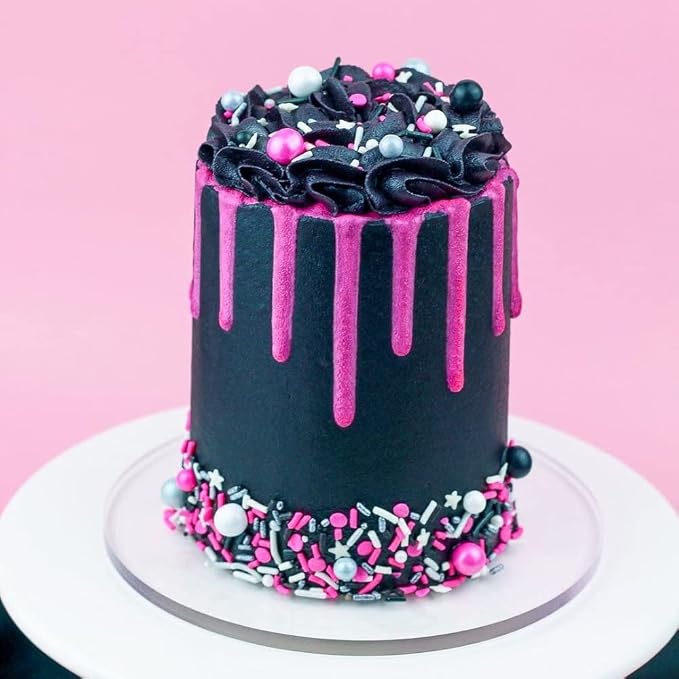 Black Pink Sprinkles for Cake Decorating, Baking - Fancy Minnie Mouse Sprinkles for Cupcake Decorating - Edible Minnie Mouse Cake Decorations in Pink and Black Princess with Jimmies, Pearls