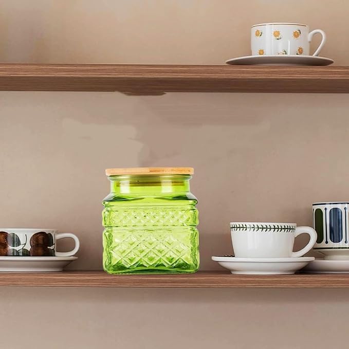 Glass Storage Jar Set of 2, Thick Glass Candy Jar for Coffee Bean, Cocoa Powder,Dog treats, Snacks Decorative Square Glass Jars with Airtight Lids, for Coffee Bar Kitchen Party Counter 20.3 FL OZ
