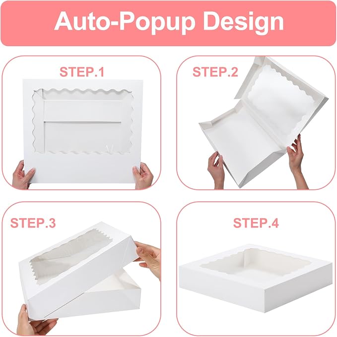 24 Pack Pie Boxes, 12x12x2.5 Inch Bakery Boxes with Window, White Auto-Popup Cookie Box with Ribbon and Sticks for Treats, Pies, Muffins, Donuts and Pastries