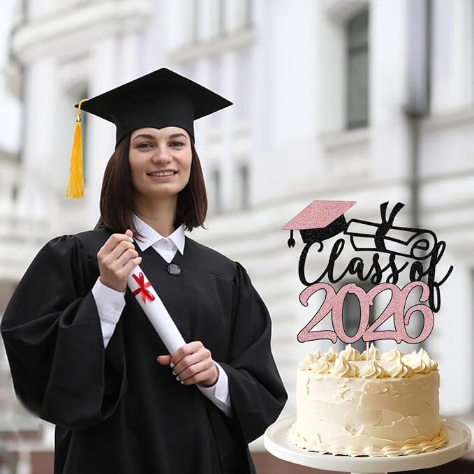 Gold Class of 2026 Congrats Grad Cake Topper Glitter Graduation Party Supplies - High School College Graduates -College Graduate Cake Topper Decorations (Black rose1)