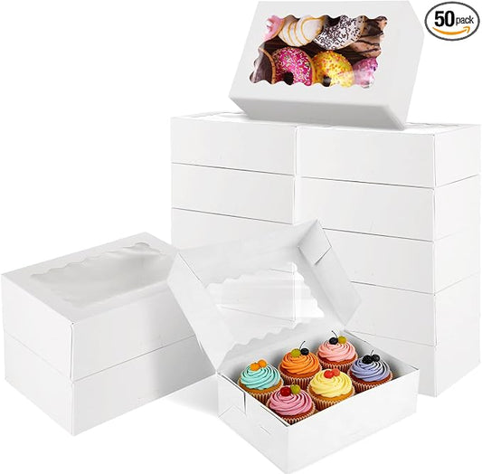 QTLCOHD 50 Pcs Cookie Boxes with Window 9x6x3 Inch | White Bakery Boxes Dessert Container with Sticker for Pies, Chocolate, Strawberries, Muffins, Donuts, Pastry, Candy