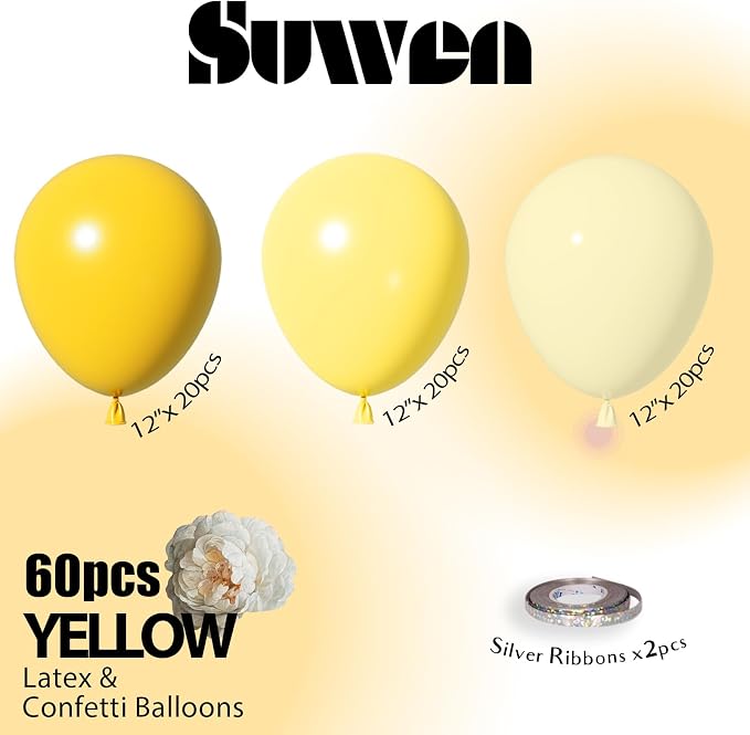 SUWEN Mustard Yellow Balloons 60Pcs,12 inch Mustard Neon Light Yellow Latex Balloons for Sunflower Bee Birthday Bridal Shower Party Decorations