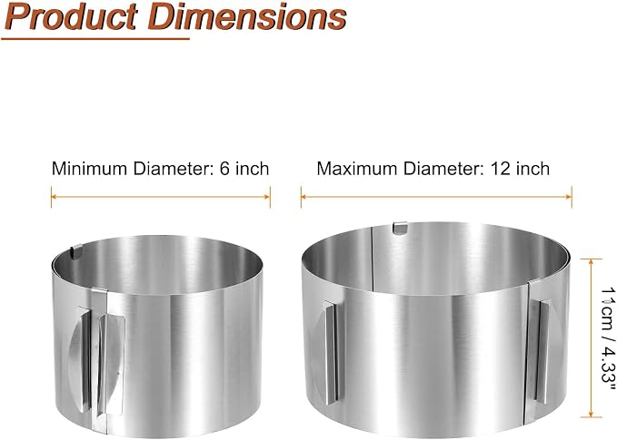 HARFINGTON 6" to 12" Cake Ring 11cm High Adjustable Round Cake Ring Stainless Steel Mousse Baking Moulds Bakeware Supplies for Baking Cooking Making Tool
