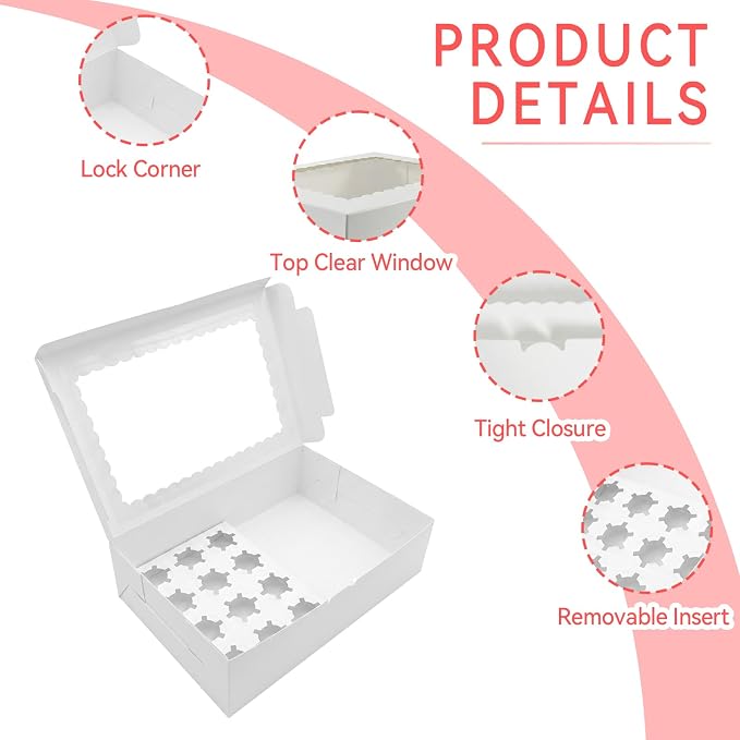 6 Pack White Mini Cupcake Boxes Containers Hold 24 MINI Cupcakes, 13 x 8.8 x 3.5 Inch Dessert Muffins Box with Window and Inserts for Birthday Holiday Party Bakery Supplies