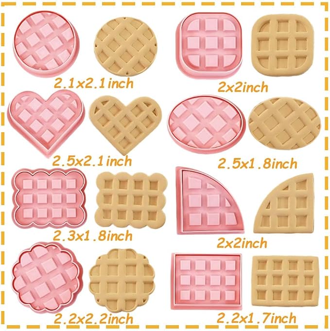 Mini Waffles Round Cookie Cutters, 8pcs 3d Classic Raised Design Cookie Stamps, Triangle, Rectangle, Square, Heart, Oval, Mini Pie Cookie Molds, Circle Cookie Cutter Set for DIY Baking (Waffles)