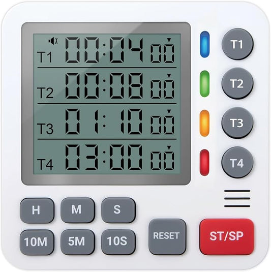 TPNEG Digital Kitchen Timer - 4-Channel Cooking Timer with Alarm, Magnetic Back, Loud & Silent Modes, Count Up/Down, Ideal for ovens, Seniors, Kids and classrooms, Replaceable AAA Battery