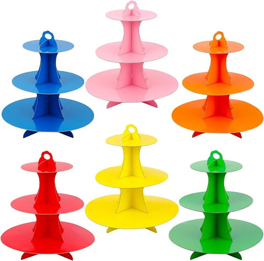 6 Set 3 Tier Cardboard Cupcake Stand Tiered Cake Holders Colorful Paper Dessert Stand Reusable Round 3 Tier Tower for Table Display Birthday Bridal Shower Party Supplies, 6 Colors