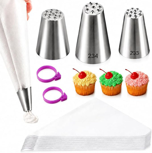 55pcs Grass Piping Nozzles and Bags Set, 2 Pastry Bag Ties, Grass Piping Tip Stainless Steel Icing Tips for Frosting Cupcakes Decoration DIY Baking Supplies