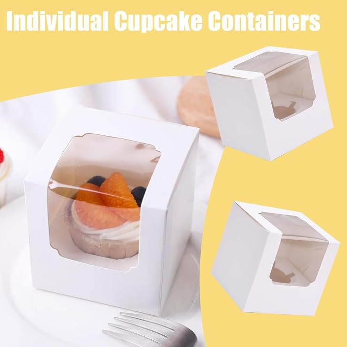 VGOODALL 20PCS White Cupcake Boxes, 3.5"x3.5"x3.5" Individual Cupcake Containers Pre-Assembled Containers with Window and Inserts for Wedding Baby Shower Birthday
