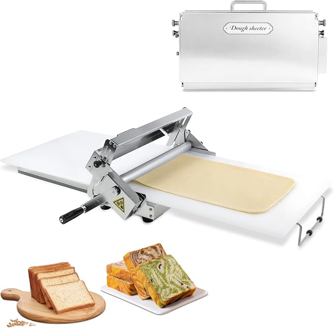 12in Manual Dough Sheeter, Stainless Steel Tabletop Dough Roller Machine, Adjustable Thickness Pastry Sheeter for Pizza, Croissant, Puff Pastry, Fondant and Home Baking
