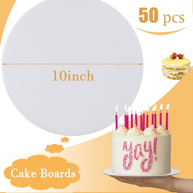 Sudaya Cake Boards 50 PCS, Cake Boards 10 Inch Round, Cardboard Cake Rounds, Disposable Cake Plates, Food Grade Cake Base Cake Tray Cake Circles, 10 Inch Cake Board White Cardboard Circles Round Base