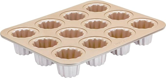 CHEFMADE Canele Mold Cake Pan, 12-Cavity Non-Stick Canele Muffin Bakeware Cupcake Pan for Oven Baking (Champagne Gold)