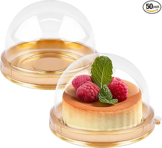Zezzxu 50 Pack Mini Cake Containers, Clear Plastic Small Cupcake Boxes with Dome Lids for Individual Chocolate Covered Cookies, Strawberry, Mooncake (Gold)