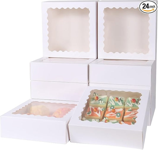 24 pcs White Pie Boxes,12x12x3 Inch Auto-Popup Bakery Boxes with Window Donuts Chocolate Muffins Donuts Pastry Dessert Cookie Box For Packaging