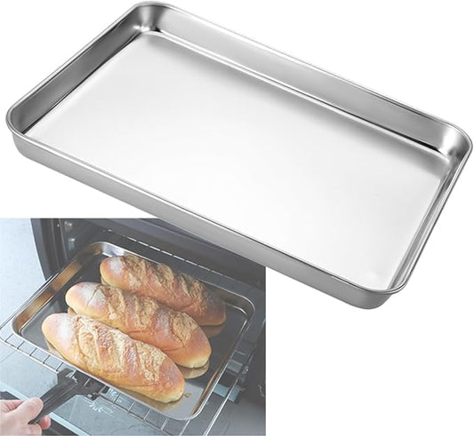 LIGUOYI Stainless Steel Oven Sheet Pan Tray Cookie Sheet, Rectangle Baking Tray Nonstick Warp Resistants Heavy Duty Sheet Pan Trays, Serving Tray for Kitchen, Smooth Edge Pan(23.5x17.5x2.5cm)