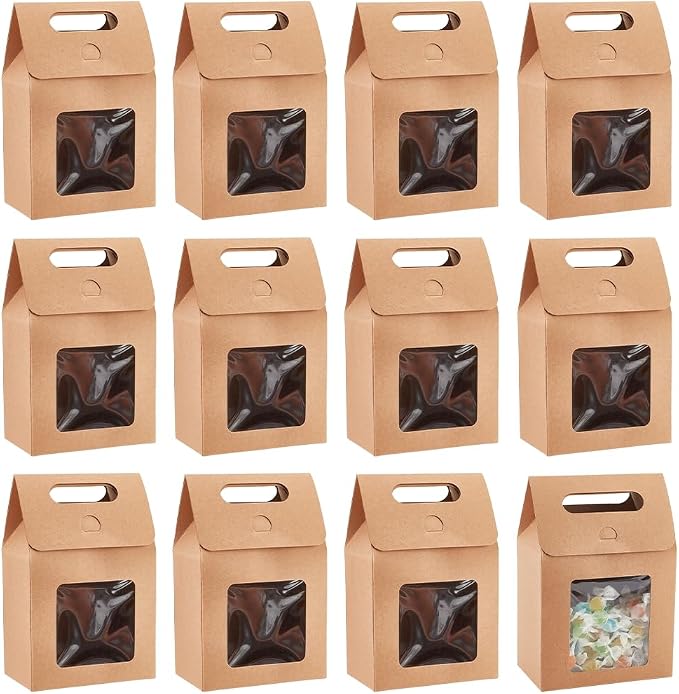 PH PandaHall 12pcs Treat Gift Boxes Kraft Paper Boxes Dessert Bakery Boxes with Display Window Packing Box for Valentine Mother's Day Easter Birthday Party 3.1x5.2x5 inch