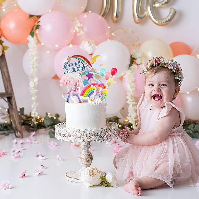 MOVINPE Unicorn Cake Topper, 2 Magic Unicorns Sculpture, 1 Rainbow, 1 Happy Birthday Banner, 2 Cloud, 4 Balloon, 12 Stars, 1 Moon, Cake Decoration For Girl Kid Women Birthday Party