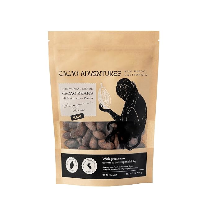 Cacao Adventures Raw Whole Cacao Beans, Awajun-Farmed Peru, 1 lb