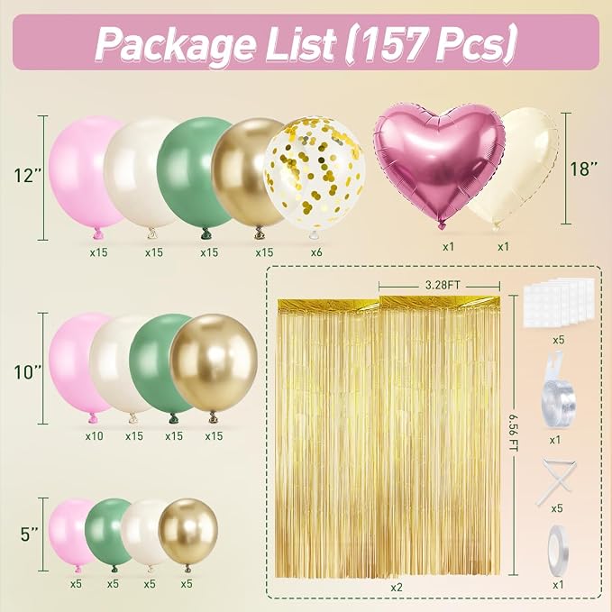 157Pcs Sage Green Pink White Gold Balloons Garland Arch Kit with Gold Fringe Curtain for Birthday Bridal Baby Shower Gender Reveal Weddings Graduation Party Decorations