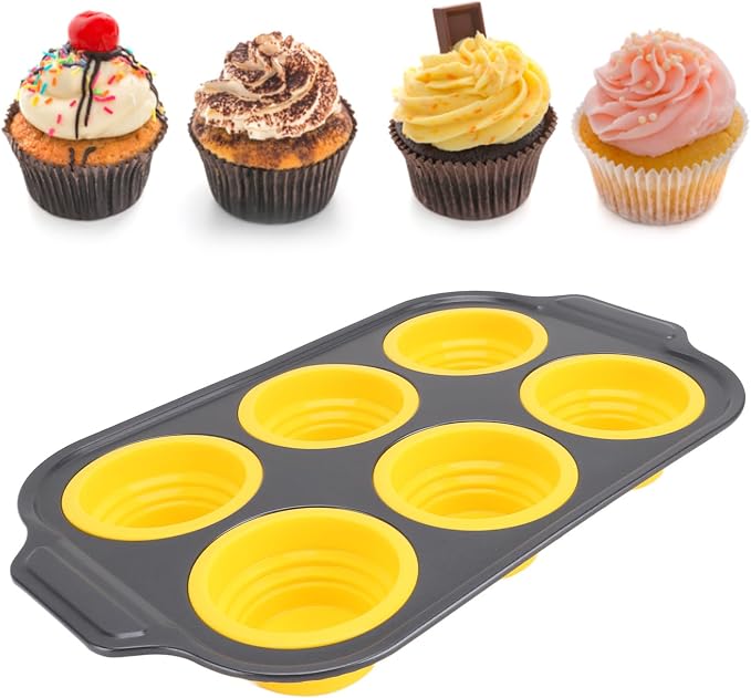 Zerodis Silicone Muffin Pan, Foldable Cupcake Baking Tray Non Stick Cake Maker Tray for Bread Tart Desserts Doughnut (Yellow)
