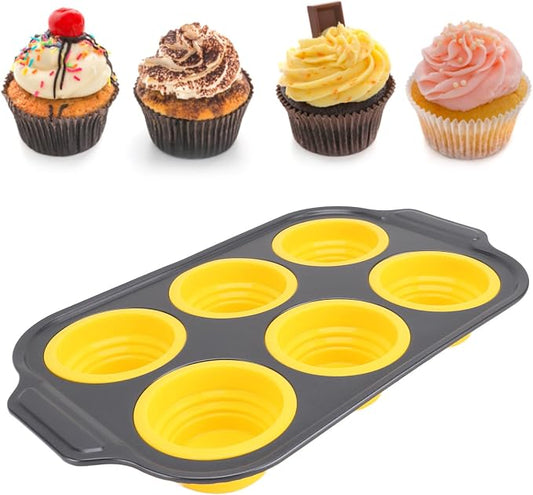 Zerodis Silicone Muffin Pan, Foldable Cupcake Baking Tray Non Stick Cake Maker Tray for Bread Tart Desserts Doughnut (Yellow)