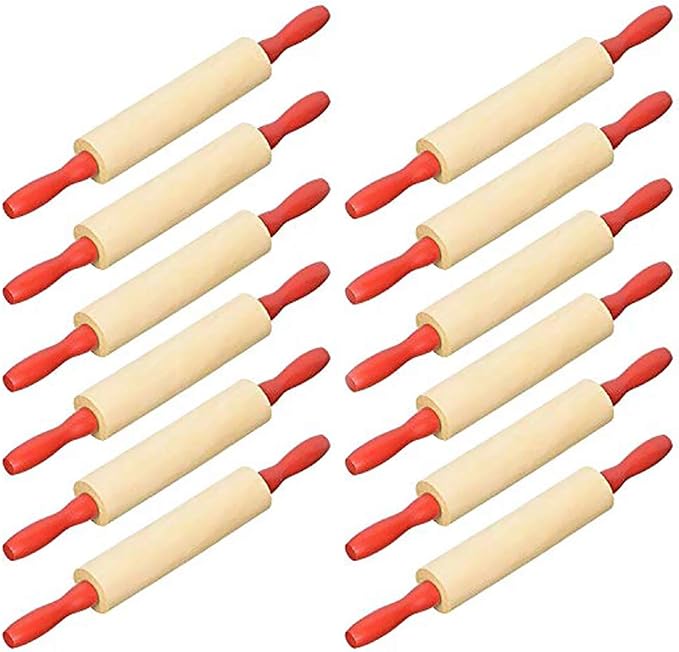 Mini Wood Rolling 7.5 Inch 12-Pack Rolling Pin for Play Dough For Little Bakers, With Red Handles Arts and Crafts Clay Roller, 7.5" (Pack of 12)