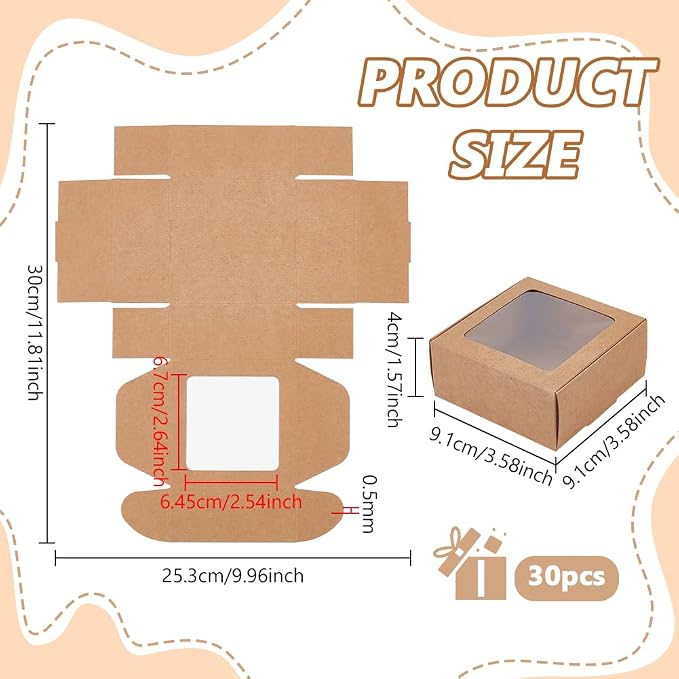 BENECREAT 30pcs Square Kraft Paper Boxes, Gift Boxes with Clear PVC Window for Wedding Gift, Chocolates, Cookies and Other Small Crafts, 3.6x3.6x1.57 Inch