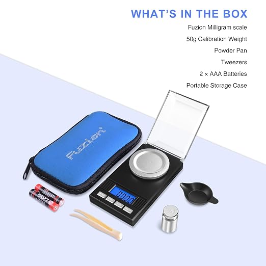 Fuzion Milligram Scale 50g/0.001g, Powder Scale 6-in-1 Kit | Includes Soft Carry Bag, 50g Calibration Weight, Battery, Digital Milligram Scale for Capsule Filling, Supplement, Reloading