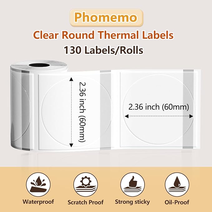 Phomemo Thermal Labels- 2.36"x2.36"(60x60mm) Clear Circle M220 Label- M220/M221/M250/M260 Transparent Thermal Paper - Round Sticker Label for Logo/Barcode/Stickers/Address Labels-1 Pack