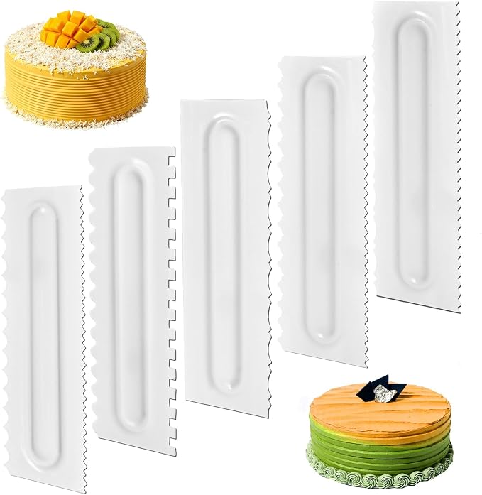 SenseYo 5 Pcs Cake Scraper Smoother, 9 Inch Plastic Decorating Comb Cream Cake Edge DIY Tools for Icing Mousse Butter, White