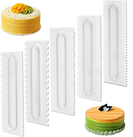 SenseYo 5 Pcs Cake Scraper Smoother, 9 Inch Plastic Decorating Comb Cream Cake Edge DIY Tools for Icing Mousse Butter, White