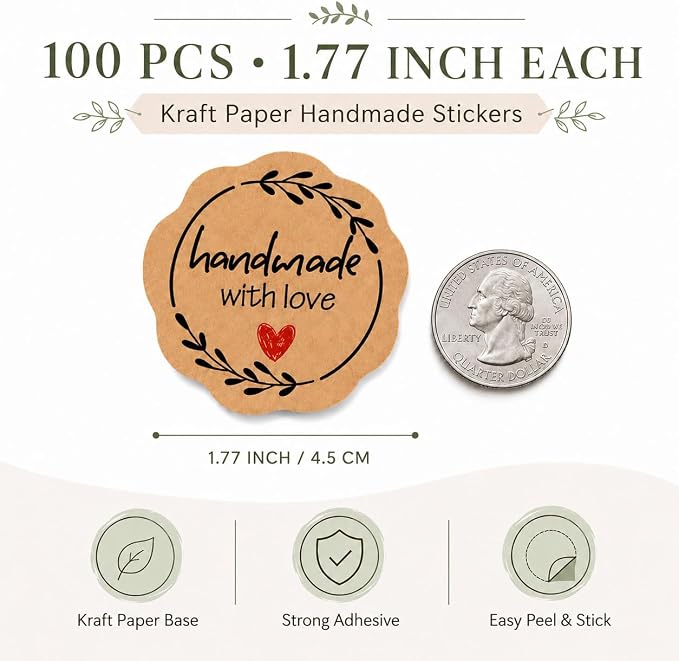 100 x Handmade with Love Stickers, Kraft Paper Bakery Stickers for Small Business Packaging, Rustic Handmade Gift Seals for Baked with Love Treat Bags, Wedding Favor Bags & Thank You Envelopes, 1.77''