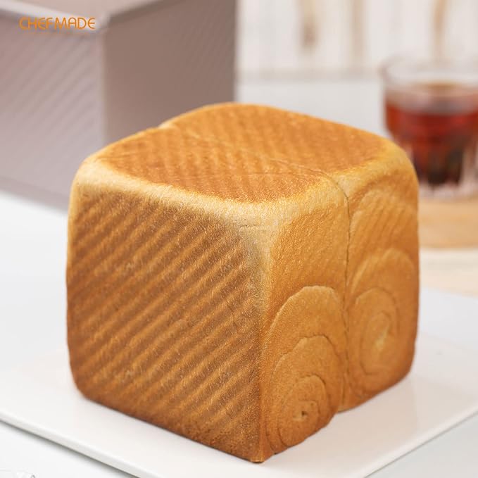 CHEFMADE Square Pullman Loaf Pan with Lid, 1Lb Dough Capacity Non-Stick Rectangle Corrugated Toast Box for Oven Baking 5.3" x 5.3"x 5.2"(Champagne Gold)