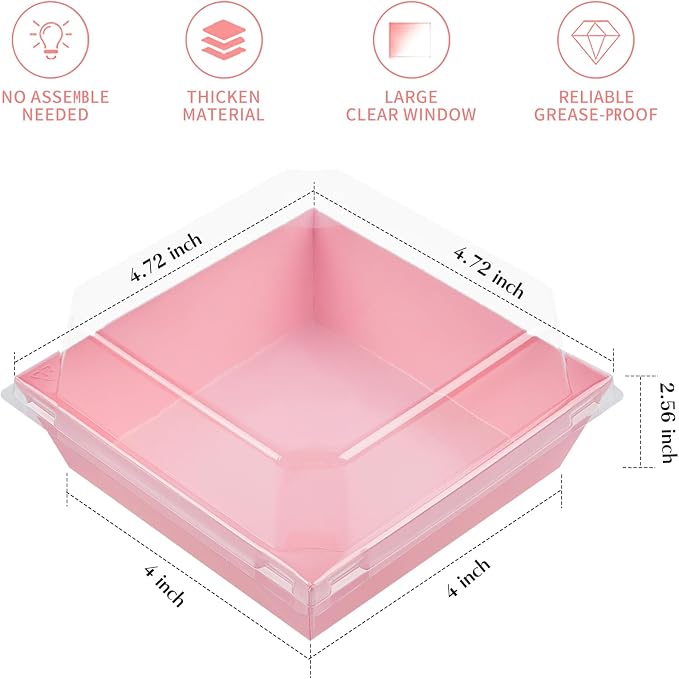 Ocmoiy Pink Charcuterie Boxes with Clear Lids 4x4 Inch, 100 Pack Square Kraft Bakery Cake Slice Boxes with Window, Dessert To Go Containers (100)