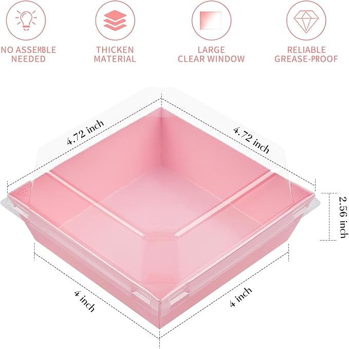 Ocmoiy 50 Pack Small Charcuterie Boxes with Clear Lids 4x4 Inch, To Go Disposable Paper Food Containers Bakery Treat Boxes for Desserts, Cake Slice, Cookies, Strawberries (Pink, 50)