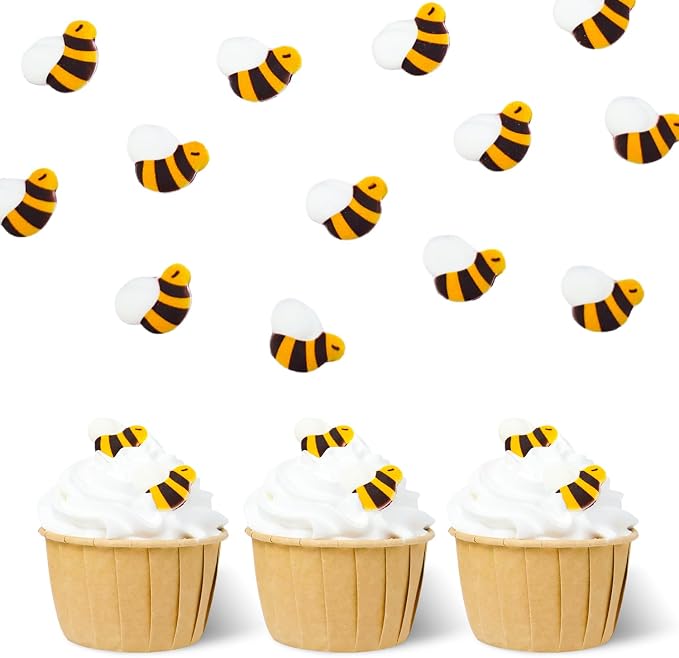 Edible Bee Cake Decorations, Royal Icing Bee for Cupcake Topper, Edible Bee Sprinkles Sugar for Cakes Cupcakes Cookies Chocolate Macarons Baking Baby Shower Decoration, 48 pcs